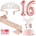 Sweet 16 Birthday Decorations for Girls, Including Sweet 16 Sash and Tiara, Sweet 16 Cake Topper and Candles, 16 Balloons Rose Gold, 16 Birthday Gifts for Girls, Sweet 16 Party Decorations