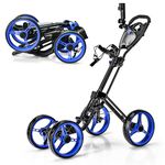 ULTIMATE 4 Wheel Golf Push Cart, Folding Golf Trolley w/Elastic Straps, Umbrella & Cup Holder, Scoreboard Holder, Lightweight Golf Pull Cart with 4 Height Position Handle & Foot Brake (Blue)