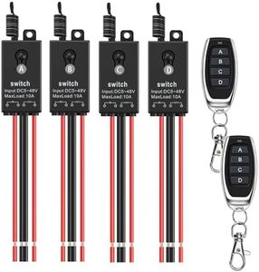 Meskliu 12v Remote Control Switch,4 Way Mini Wireless Switch,DC 12V/24V/48V/10A Relay with 328FT Long Range, Wireless RF Switch for Car,Lamps,LED Lights,Fans(2 Remote Controls,4 Receivers)