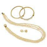 Sri Jagdamba Pearls 3 Lines Oval Pearl Set for Women & Girls | Jewelery Combo Set with Necklace, Earrings & Bangles | Fit for Indo-Western, Weddings, Occasions, Parties | Ideal for Gift to Women