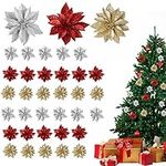 Poinsettia Artificial Flowers (36 Pack) - Gold, Red & Silver Glitter Poinsettia Christmas Decorations for Garlands Wreaths - Artificial Christmas Flowers Xmas Tree Ornaments for Decoration and Crafts