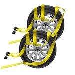 Bang4buck 2 Pieces Universal Adjustable Bonnet Tie Down System Wheel Straps for Demco Kar Kaddy Dollys with 2 Flat Hooks (Yellow-Rachet Strap)