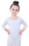 Soudittur Girls Leotard White Ballet Dance Team Basic 3/4 Long Sleeve Mesh Back Cotton Bodysuit Dancewear for Teens (White, Tag 120(Age 6-8 Height 45-49”))