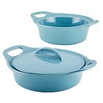 Rachael Ray Solid Glaze Ceramics Casserole Bakeware/Baker Set with Shared Lid, 3 Piece, Agave Blue