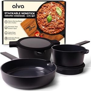 Alva Neat 5 in 1 Black Ceramic Nonstick Cookware Set All in One Space Saving Non Toxic Cookware PFAS, PFOA & PFTE Free, Frying Pan, Sauce Pan, Dutch Oven & Coaster, Pots and Pans Set for Cooking