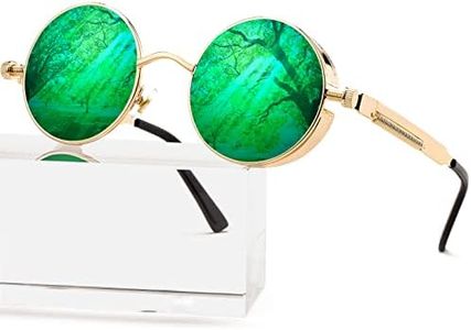AIEYEZO Round Steampunk Sunglasses for Men Women Gothic Glasses Vintage Circle Metal Frame 100% UV Blocking Lens (Gold/Green Mirrored)