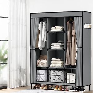 Artiss Wardrobe, 124 x 42 x 173cm Portable Closet Clothes Storage Organiser Cabinet Clothing Shelf Organization Large Clothe Shelves Bedroom Furniture, DIY Cover Fabric 4 Hanging Racks Grey