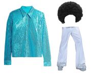 MJPARTY Mens 70s 80s Rock Disco Costume Blue Shirt White Flares Pants Sequin Disco Ball Fancy Dress With Wig (Medium)