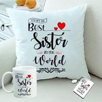 PICRAZEE Fiber Satin "Best Sister In The World" Gift For Sister On Her Birthday (1 Pc 12"X12" Satin Cushion With Filler, Coffee Mug& Key Ring) (Best Sister In The World)