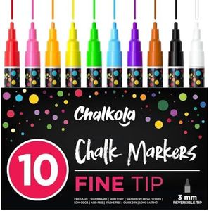 Chalkola 10 Fine Tip Liquid Chalk Pens for Chalkboard Signs, Blackboard, Window, Labels, Bistro, Glass, Car (10 Pack 3mm) - Wet Wipe Erasable Ink Chalk Board Markers, 3mm Reversible Tip Chalk Pens