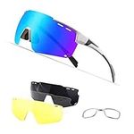 MIXREQE Cycling Glasses Sports Sunglasses,Polarized Glasses with 4 Interchangeable Lenses,Baseball Running (White-blue 4 Lens)