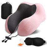 Findigit Travel Neck Pillow 100% Pure Memory Foam Pillow, Airplanes & Car Sleep Neck, Comfortable & Breathable Cover, Machine Washable, Travel Kit with Eye Masks, Earplugs, and Luxury Bag (Pink)