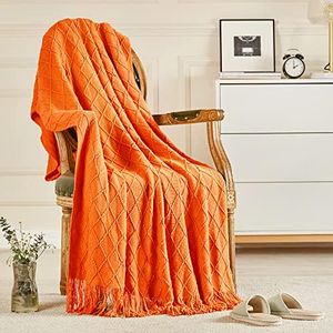 inhand Fall Throw Blanket Burnt Orange for Couch, Soft Living Room Home Decor Knitted Twin Size Blanket, Outdoor Lightweight Breathable Summer Blanket, Farmhouse Warm Woven Decorative, 60"x80"