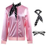 Halloween 1950s Women Pink Satin Jacket Grease T-Bird Danny Cosplay Fancy 50s Lady Costume outfit with Scarf Glasses