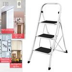 3 Step Ladder, Heavy Duty Steel, Folding, Portable Kitchen Stool With Anti-Slip Mat, Ideal for Home/Kitchen/Garage/Office/Market/Garden Black