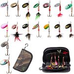 Tackle Box kit, 16pcs Colorful Feather Casting Spinner Lures with Portable Carry Bag,Bass Lures Trout Lures Hard Metal Spinner Baits Kit