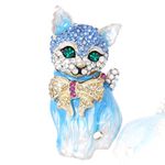 Ever Faith Plump 3D Cat Pet Austrian Crystal Enamel Brooch Gold-Tone Blue