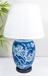 DOWNTON INTERIORS Large Royal Blue Chinese Oriental Ceramic Porcelain Table Lamp with White Floral Pattern Overall Height 56cm (G2101) (White Pleated Shade)