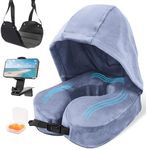 Flywish Hoodie Travel Pillow, Adult Airplane Pillow for Head Rest Neck Support, Includes Travel Pillow, Airplane Phone Holder Mount, Foot Hammock, Earplugs for Travel, 4Pc Travel Kit(Mist, M)