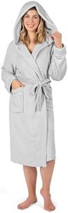 PAVILIA Plush Hooded Robe for Women | Light Grey, Fluffy Soft Bathrobe With Hood | Fuzzy Warm Spa, Cozy Fleece Long | Satin Trim, Small-Medium