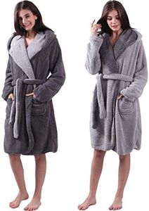 HOMELEVEL Sherpa reversible bathrobe lambskin look for ladies and gentlemen with hood dressing gown housecoat