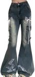 kakarin choyx Fashion Y2K High Waisted Wide Leg Jeans Casual Vintage Lace Drawstring Patchwork Slim Flared Denim Pants XL