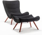 Plush Black Velvet Curved Ergonomic Leisure Armchair with Matching Footstool – Modern Comfy Lazy Chair for Relaxing Reading Leaning Back, Luxury Accent Chair for Living Room Office Conservatory