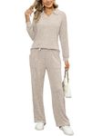 SotRong Ribbed Lounge Set Women Winter Warm Fluffy Fleece Pjs Two Piece Matching Outfit Casual Leisure Co Ords Sets V Neck Long Sleeve Pyjamas Beige S