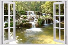 Huge 3D Vinyl Wall Decal Decal, White Window Frame Style Home Décor Art Removable Wall Decal, 33.5"x 45" (Waterfall River W84)
