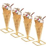 BLBYHO Single Metal Gold Ice Cream Cone Holder Stand, Individua Waffle Food Cone Holder for Standard Size Ice Cream Cones, Appetizer Charcuterie Cones, Sugar Cones, Sushi (4 Pack)