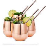 Oak & Steel - 4 Elegant Stainless Steel Stemless Wine Glasses Gift Set, with 4 Reusable Straws and Cleaning Brush, Shatterproof Wine Tumblers for Gin, Cocktails, Party - 350ml (Rose Gold)