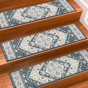 Stair Treads for Wooden Steps Indoor, 15 Pack 8" X 30" Non Slip Carpet Stair Treads with Reusable Adhesive for Kids Elders and Dogs, TPR Backing Stair Rugs Oriental Staircase Step Treads,Bohemia