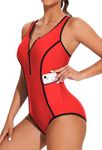 beautyin Women Zipper One Piece Swimsuit Athletic Racerback Bathing Suit with Pockets, Red, Large