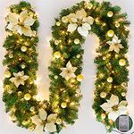 Christmas Garland with LED Lights, 2.7M (9ft) Artificial Rattan Xmas Wreath Front Door Hanging Garland for Fireplaces Stairs Home Decorated Christmas Ornament Decoration (Gold)