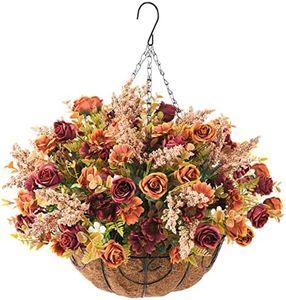 Homsunny Artificial Fall Hanging Flowers for Fall Decoration,Fake Silk Rose Flower Arrangement,Faux Outdoor Indoor Plant with Flower Pot for Home Patio Lawn Garden Porch Autumn Decor