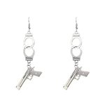 Sterling Silver 925 Plated Freedom Engraved handcuffs and pistol Gun Charm Earrings Women Girls Punk Tassel Dangle Earring