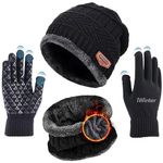 Sument Beanie Hat Woolen Winter Cap with Neck Mufler & Hand Gloves Ultra Soft Elastic Warm Knit Hat Thick Fleece Lined Scarf Set Neck, Ear and & Warmer Combo Set for Travelling and Surfing