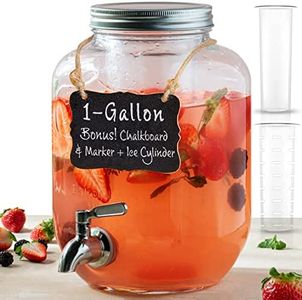 1 Gallon Glass Water Dispenser with Stainless Steel Spigot + Marker & Chalkboard, & Ice Cylinder - 100% Leakproof Beverage Dispenser Mason Jar Drink Dispenser Gallon Jug - Laundry Detergent Holder.