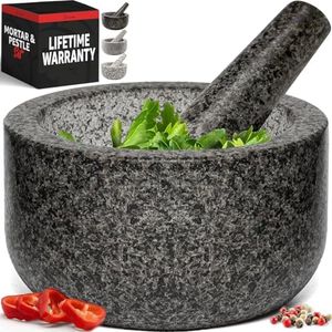 Heavy Duty Large Mortar and Pestle Set,100% Granite, Non Slip Base, Make Fresh Guacamole, Salsa, Pesto, Stone Grinder Bowl, Herb Crusher, Spice Grinder, 4 Cup, Black