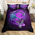 Erosebridal Galaxy Bedding Set Twin Size Dream Catcher Comforter Cover Boho Theme Duvet Cover Set Dragon and Feather Printed 2 Piece Bedding Decorative with 1 Pillow Case for Kids Adults,Purple