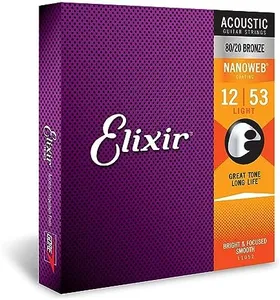 Elixir Strings, Acoustic Guitar Strings, 80/20 Bronze with NANOWEB Coating, Longest-Lasting Bright and Focused Tone with Comfortable Feel, 6 String Set, Light 12-53