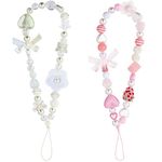 SAVITA 2pcs Phone Charm, Cute Beaded CellPhone Straps Charms Phone Bracelet Strap Strawberry and Butterfly Phone Hand Lanyard Flower Phone Chain Mobile phone Wrist Straps for Girls Women (White&Pink)