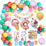 Candy Theme Party Balloon Garland Kit, Happy Birthday Decoration Balloons with Candy Donut Ice Cream Foil Balloon for Birthday Candyland Lollipop Party