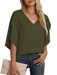 Jouica Womens Floral Print Chiffon Blouses Batwing Short Sleeve for Women Boutique Tops,01Amy Green,Medium