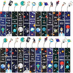 Space Ship Theme Bookmarks with Metal Charms Planet Rocket Colorful Inspirational Quotes Cards for Party Favors Kids Boys Girls Adults Encouragement(24 Pieces)