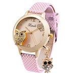 SIBOSUN Ladies Watches,Bling Watch Ladies with Mesh Stainless Steel Band, Crystal Quartz Owl Pendant Watches for Women-pink