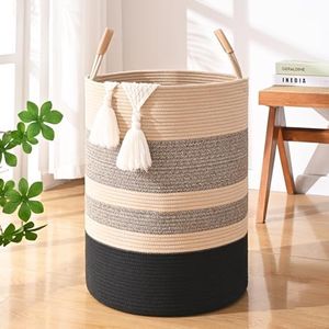 Degeyoyo Large Laundry Basket, Laundry Hamper with Leather Handles, 90L Woven Dirty Clothes Hamper, Rope Hampers for Bedroom, Barthroom, Brown Black