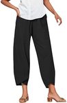 Cotton Linen Pants Women Casual Summer Capris Lightweight Cropped Pants Baggy Palazzo Pants Comfy Harem Pants with Pockets, #A1-black, X-Large