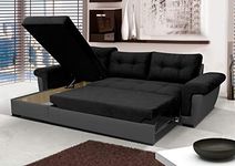 Corner Sofa bed with Storage Black Fabric Grey Leather