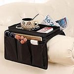 BEISIJIA Sofa Armrest Organizer With Cup Holder Tray, Couch Caddy TV Remote Control Storage Holder for Cellphone Tablets Magazines Book Glasses Cables Drinker Snacks Holder Pouch (Black)